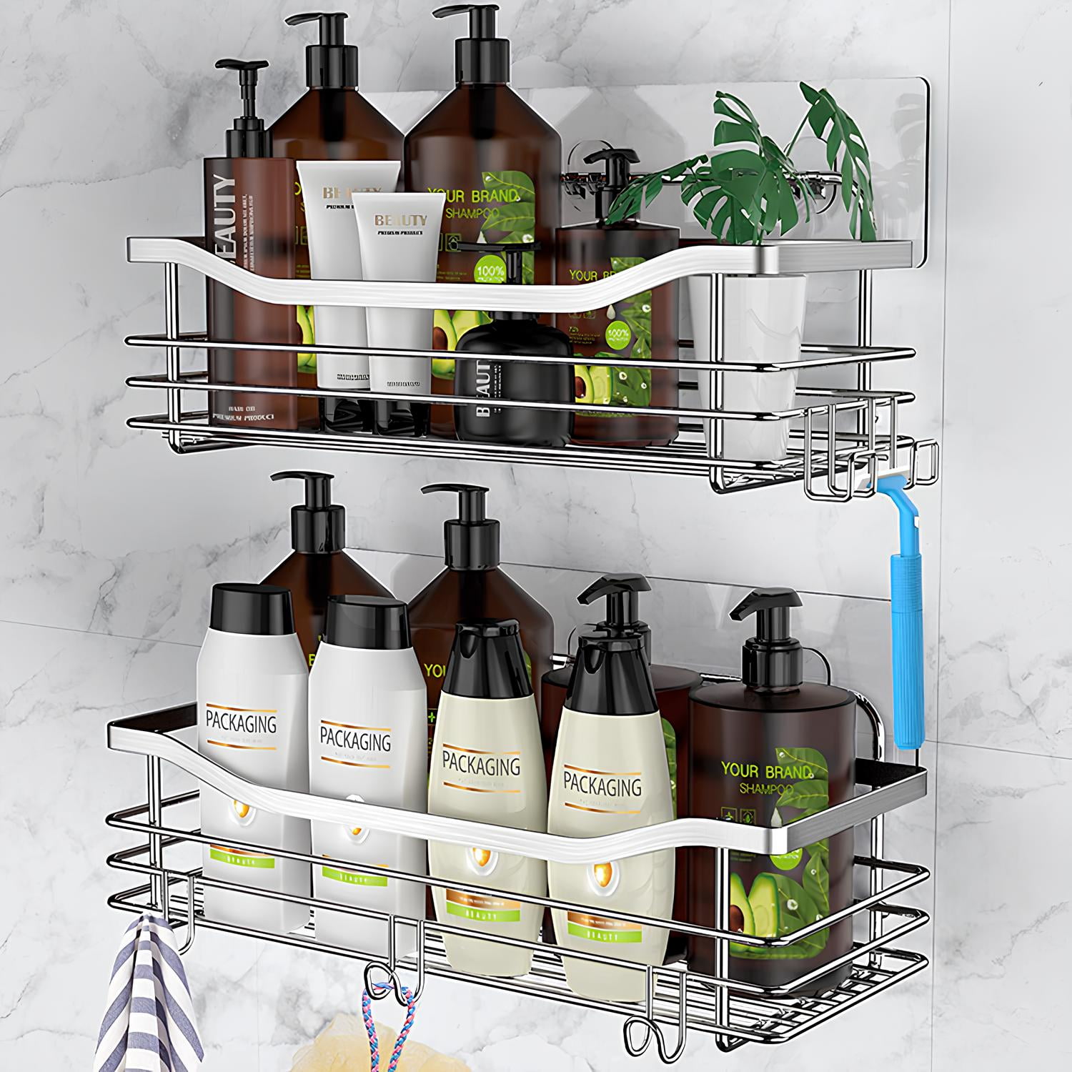 Polished Stainless Steel 2-Tier Shower Caddy with Adhesive Mount