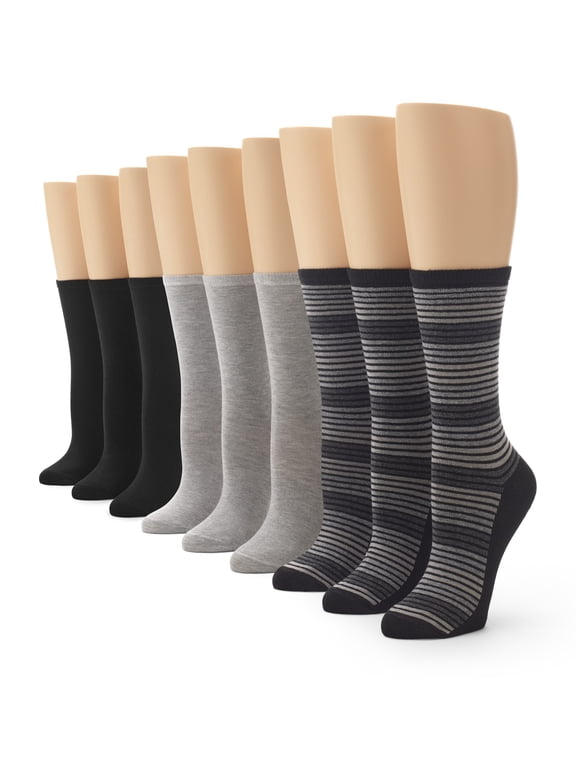 Women's Flat Knit Crew Sock 9 Pair Pack, Black Stripe, Black, Grey Heather - 9 Pair Pack, One Size