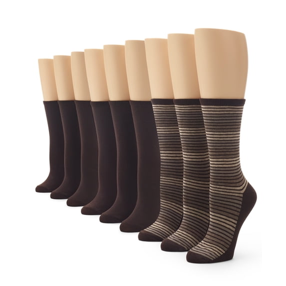No nonsense Women's Flat Knit Crew Sock 9 Pair Pack, Espresso Stripe, Espresso, Espresso - 9 Pair Pack, One Size