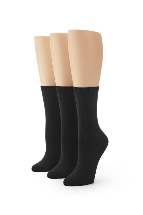 Women's Flat Knit Crew Sock 3 Pair Pack, Black, One Size