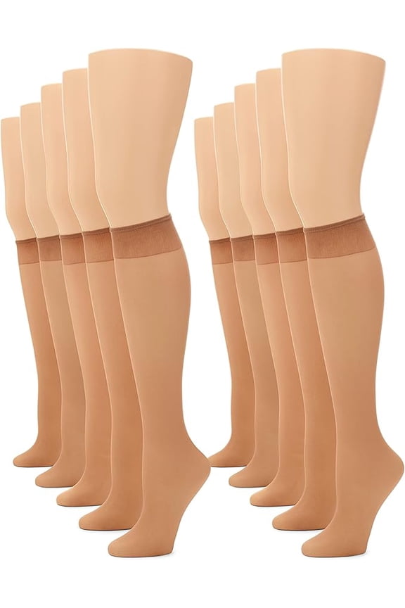 Women's Sheer Knee Highs with Comfort Top 8 Pair Pack, Tan, One Size