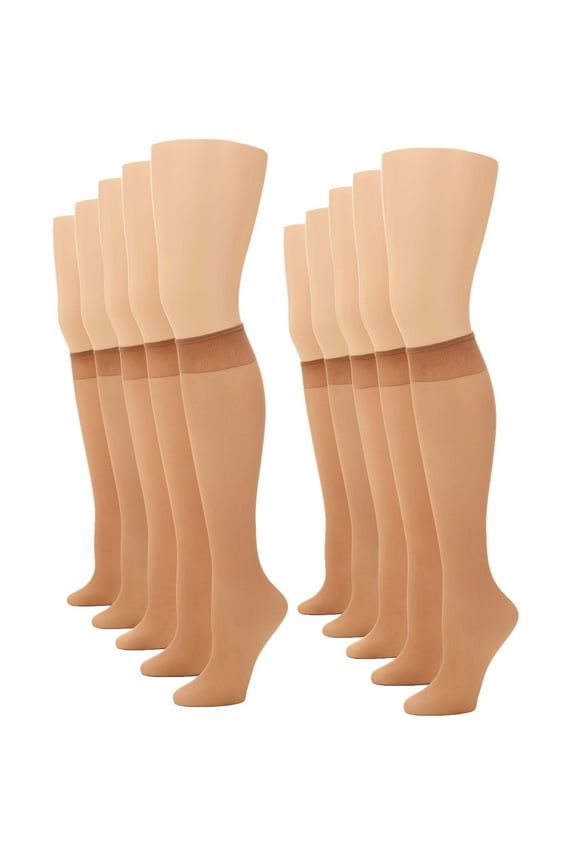 Women's Sheer Knee Highs with Comfort Top 8 Pair Pack, Tan, One Size