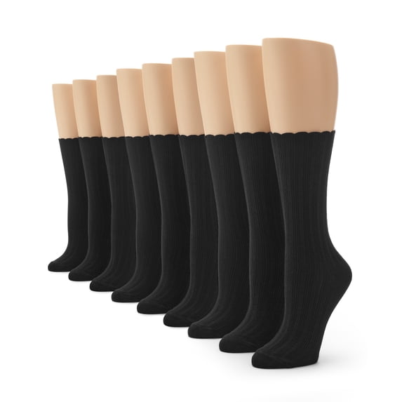 No nonsense Women's Scallop Pointelle Crew Sock, Black - 9 Pair Pack, One Size