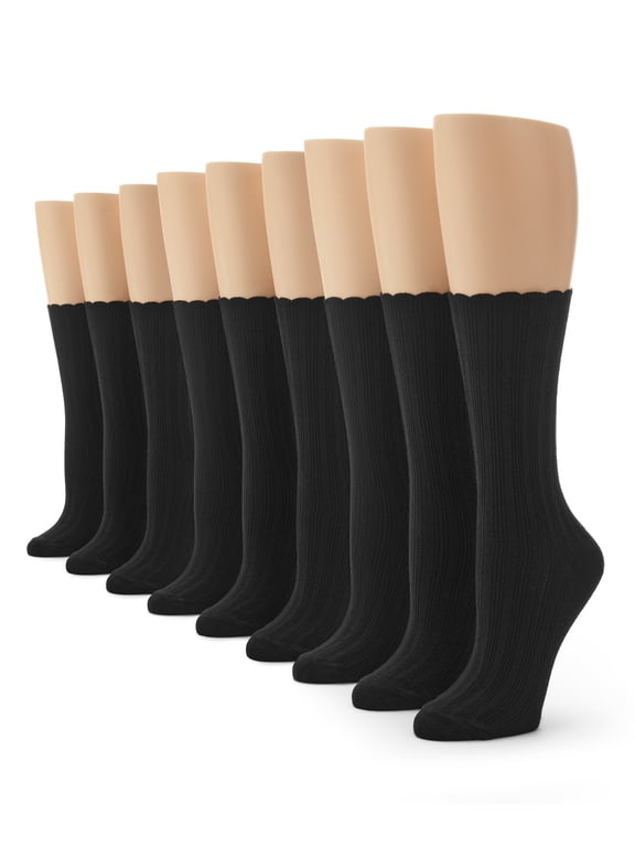Women's Scallop Pointelle Crew Sock, Black - 9 Pair Pack, One Size