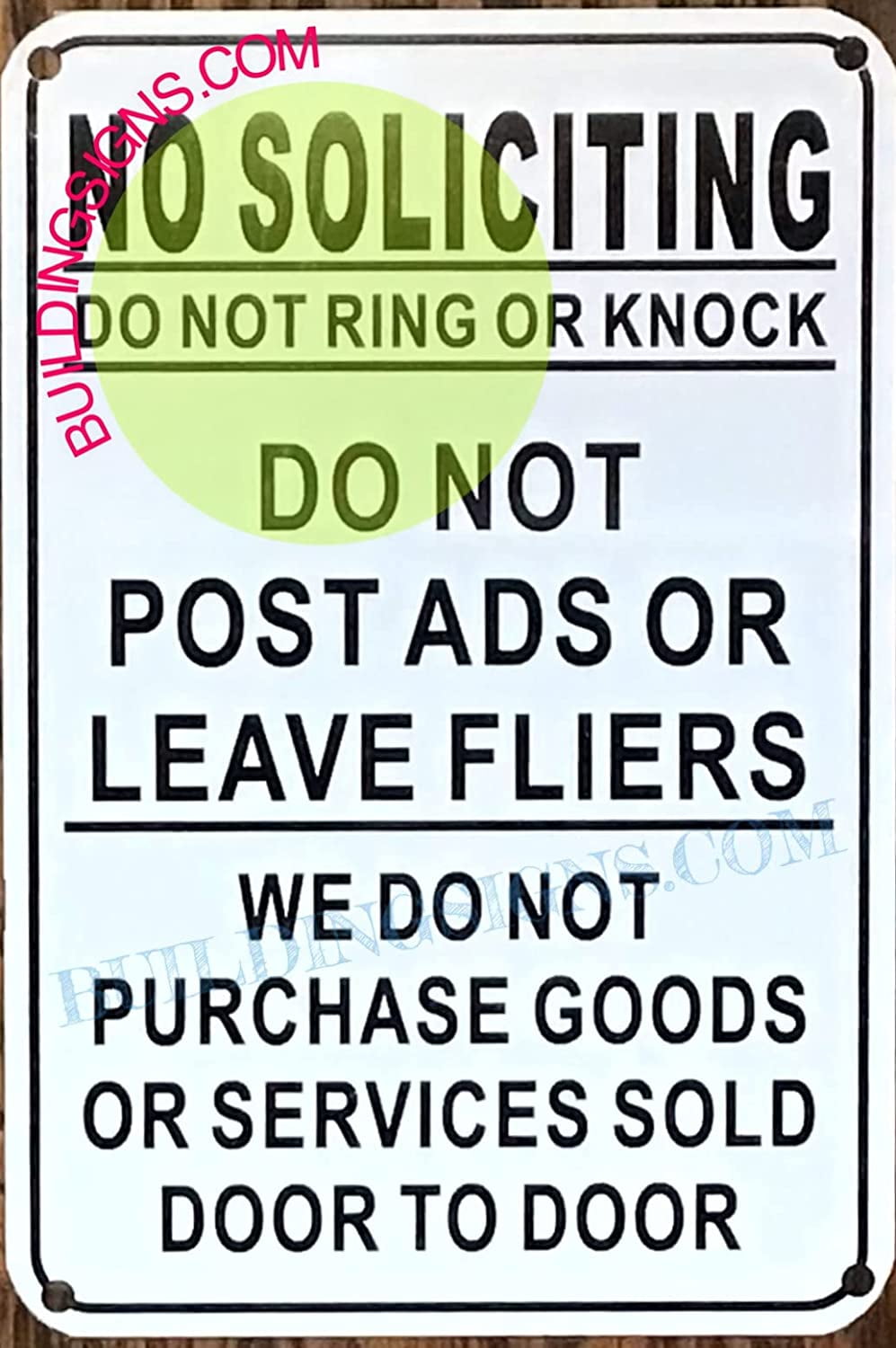 No soliciting -do not ring or knock sign (REFLECTIVE !!!,Aluminum-rust ...