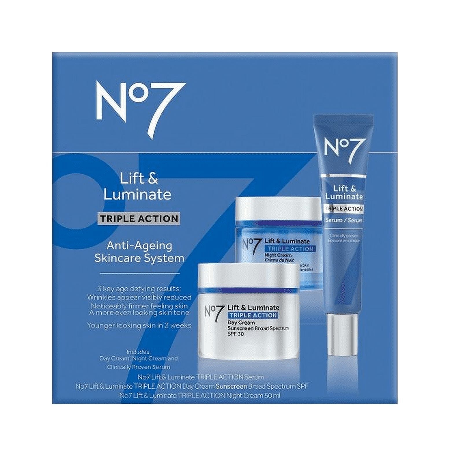 No7 Lift & Luminate Triple Action Skincare System with Day Cream, Night Cream & Face Serum, 3 Pack