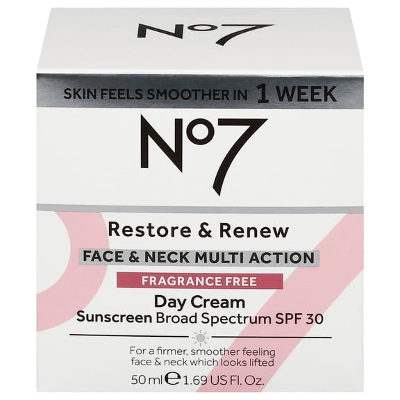 No7 Restore & Renew Face & Neck Multi Action Sunscreen Broad Spectrum SPF 30 Fragrance Free Day Cream 1.69 fl oz