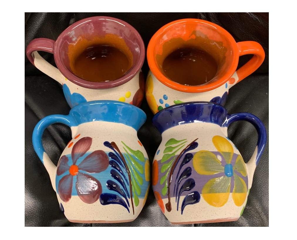 NoBrand 4 Large Mexican Coffee Mugs Jarritos Mexicanos Flower Design Tazas  De Barro Traditional Clay Made in Mexico