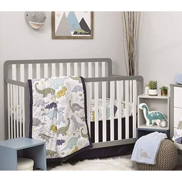 NoJo 4 Piece Nursery Crib Bedding Set, Little Dinosaurs, Grey/Navy/Blue