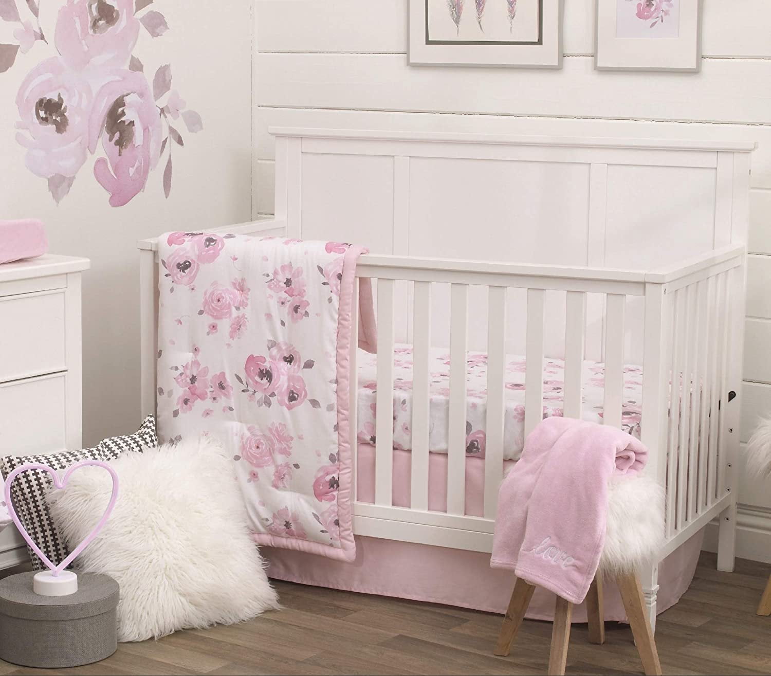 NoJo 4 Piece Nursery Crib Bedding Set, Watercolor Floral, Pink/Rose/White/Brown