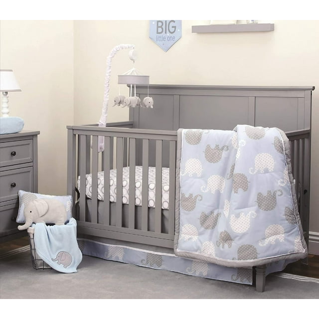 NoJo Elephant 4 Piece Nursery Crib Bedding Set, Blue/Grey/White