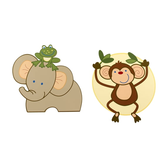 NoJo Jungle Babies Green, Yellow, Brown 2 Piece Wooden Wall Art with Elephant and Monkey