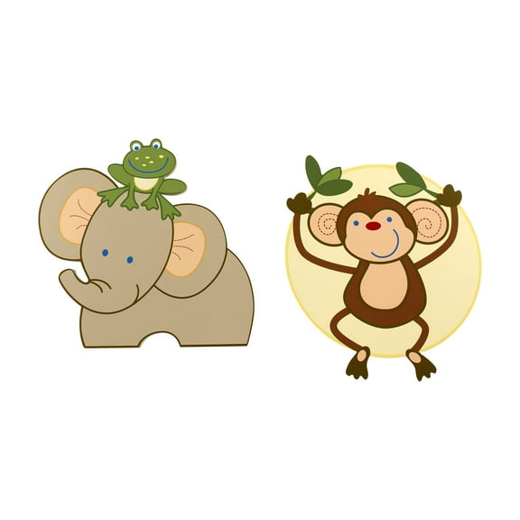 NoJo Jungle Babies Green, Yellow, Brown 2 Piece Wooden Wall Art with Elephant and Monkey