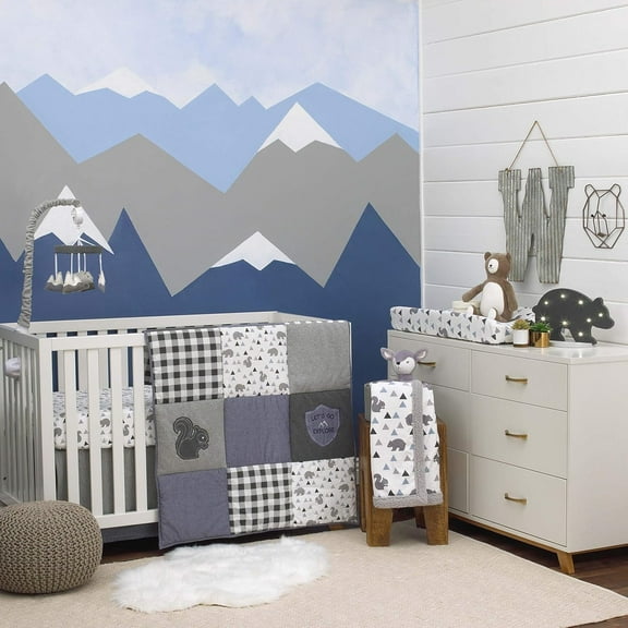 NoJo Mountain Patchwork 4 Piece Nursery Crib Bedding Set with Squirrels and Bears