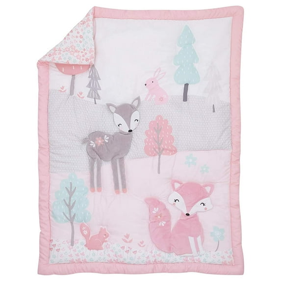 NoJo Sweet Forest Friends 4 Piece Crib Bedding Set - Pink, Aqua, Grey & White