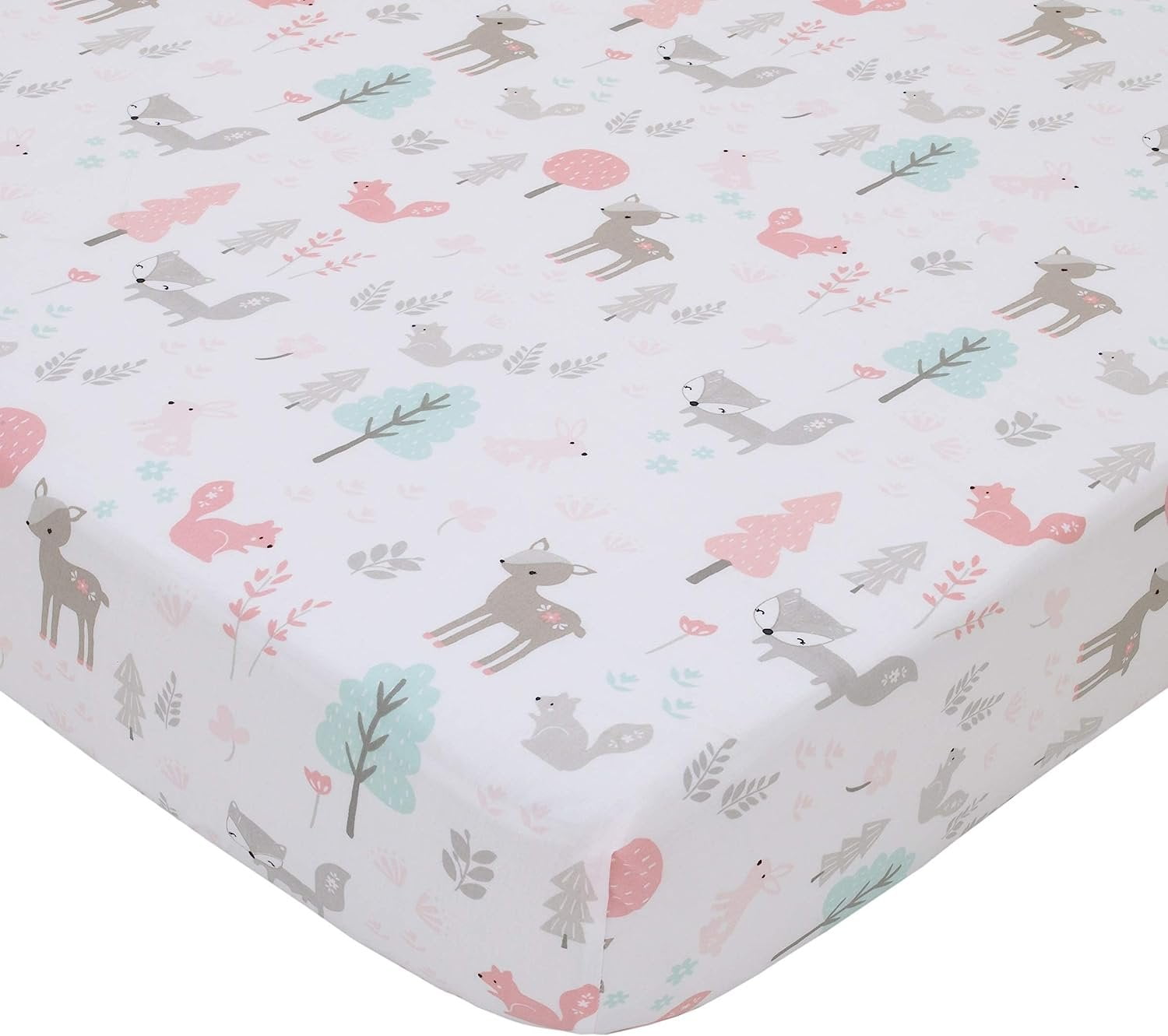 Sweet Forest Friends Pink, Aqua, Grey and White 100% Cotton - Main Image