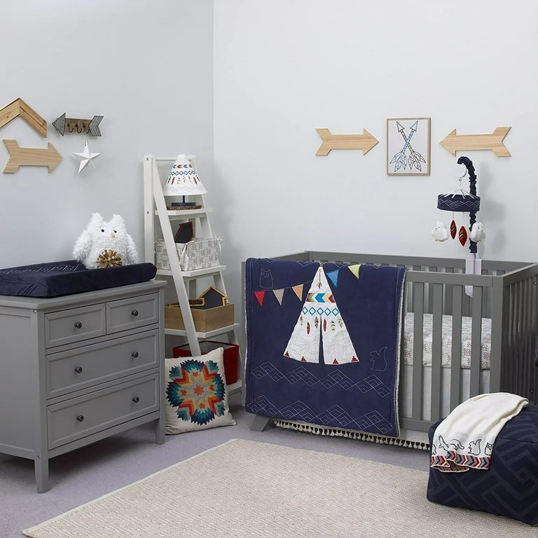 NoJo Teepee Tribal Crib Bedding 4 Piece Set Navy Red Ivory