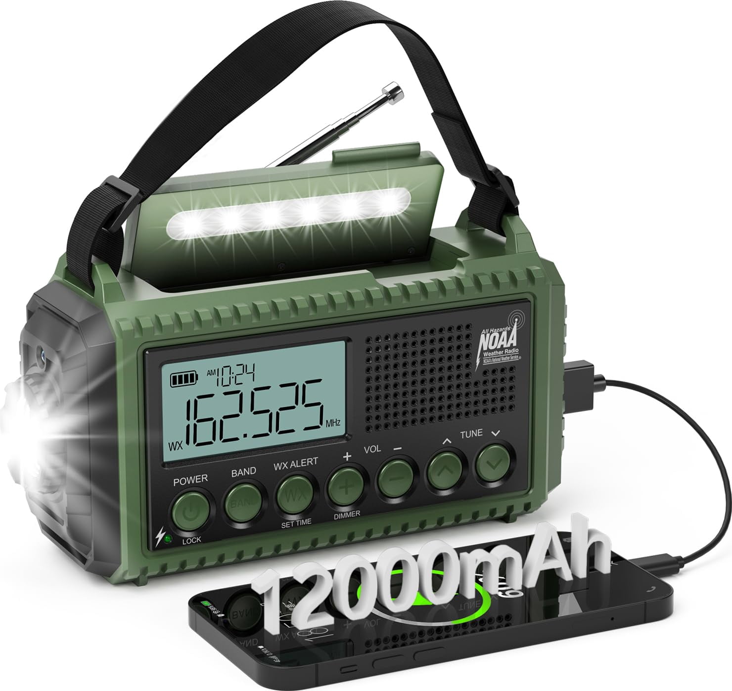 Noaa Emergency Radio With Auto Weather Alerts - 12000mah Solar Hand Crank  6 Power Sources Bright Lcd Digital Tuning Am/fm/sw Receiver Sos Alarm & For Home Camping