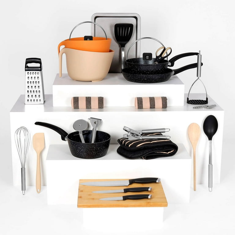 Noah 60+ Piece Kitchen Starter Kit with No Dinnerware Set - Includes  Non-Stick Pots & Pans, Cooking Utensils, Cutlery, Tableware, Mixing Bowls 