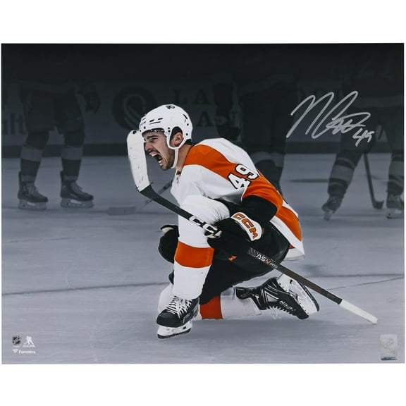 Noah Cates Philadelphia Flyers Autographed 16" x 20" White Jersey Celebrating Spotlight Photograph - Fanatics Authentic Certified