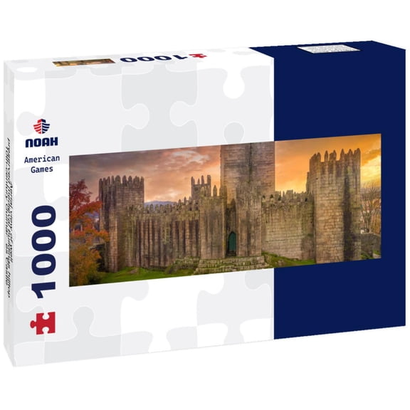 Aerial view of well-preserved medieval buildings hilltop, 10th-century Guimares Castle with stunning sunset orange sky 1000pc Panoramic Puzzle