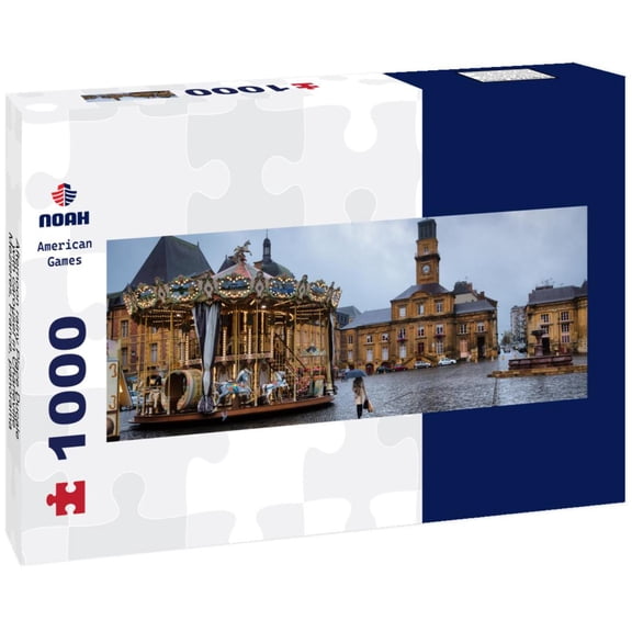 Afternoon rainy Place Ducale with carousel in Charleville-Mezieres, France, 1000pc Panoramic Puzzle