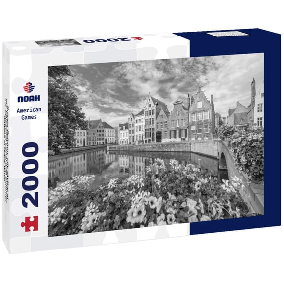 Noah Jigsaw Puzzle Bruges Belgium, city skyline at the Spiegelrei Canal with summer flowers in black white 2000 pieces