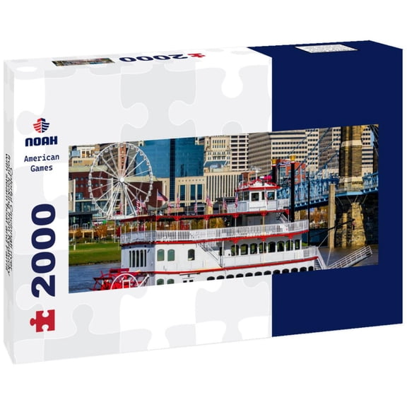 Noah Jigsaw Puzzle Colorful Cincinnati river front looking from Kentucky with steam boat and Farris wheel panorama 2000 pieces