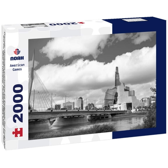 Noah Jigsaw Puzzle Dramatic cloudscape overlooking the Esplanade Riel Footbridge and the Canadian Museum for Human Rights over the Red River in Winnipeg, Canada in black white 2000 pieces