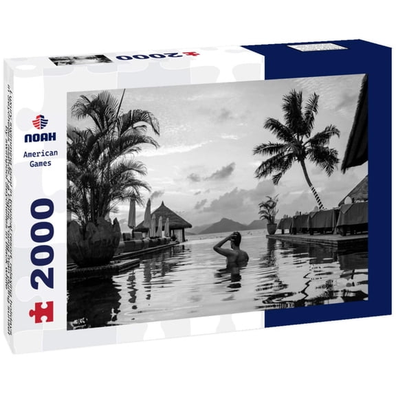 Noah Jigsaw Puzzle Luxury swimming pool in tropical resort, relaxing holidays in Seychelles islands. La Digue, Young man during sunset by swimpool Seychelles in black white 2000 pieces