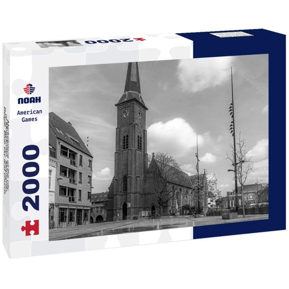 Noah Jigsaw Puzzle Marketplace of the city of Moeskroen, Mouscron Belgi. Blue sky and church in black white 2000 pieces