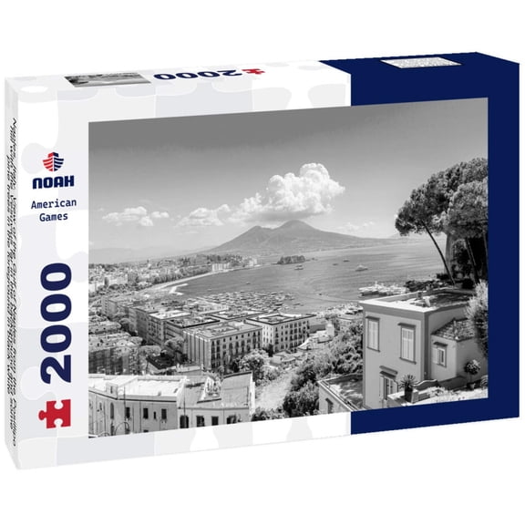 Noah Jigsaw Puzzle Naples, Italy. View of the Gulf of Naples from the Posillipo hill with the Vesuvius far in the background and some pine trees in the foreground in black white 2000 pieces