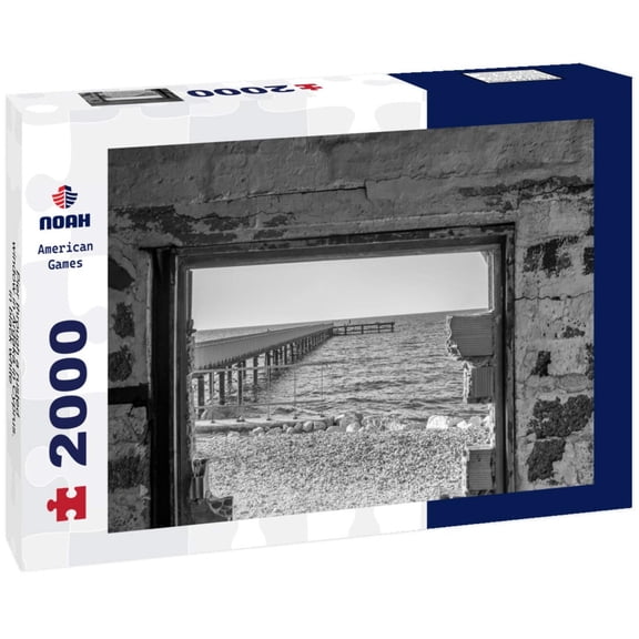 Noah Jigsaw Puzzle Pier through a rusted window in Argaka in Cyprus. in black white 2000 pieces
