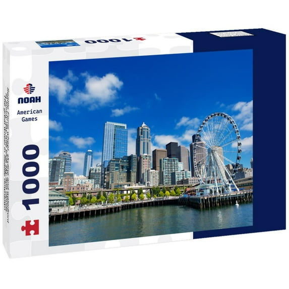 Noah Jigsaw Puzzle Seattle Ferris wheel, skyline and waterfront in sunny day with blue sky and clouds. The great wheel in Seattle downtown 1000 pieces