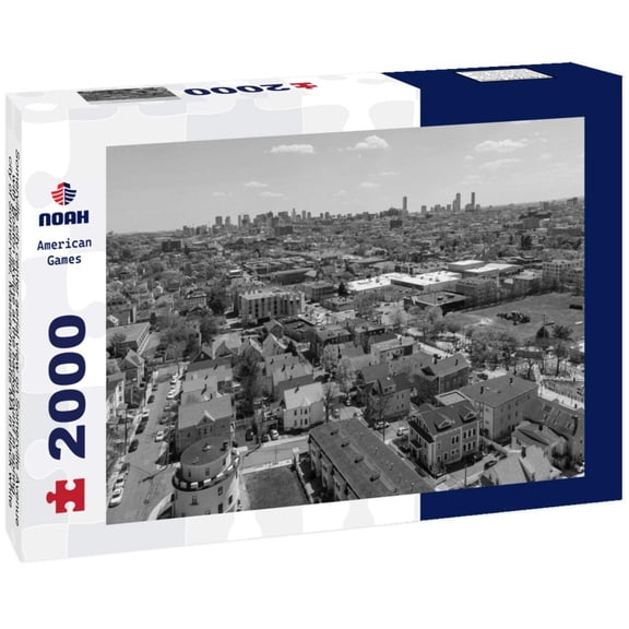 Noah Jigsaw Puzzle Somerville city center aerial view on Somerville Avenue with Boston skyline at the background in spring, city of Somerville, Massachusetts MA in black white 2000 pieces