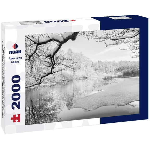 Noah Jigsaw Puzzle Winter landscape of a frozen river reflecting the icy blue sky, surrounded by snow-covered trees in Mlndal, Sweden in black white 2000 pieces