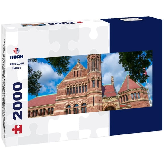 Noah Jigsaw Puzzle Woburn Public Library with Richardsonian Romanesque style at 45 Pleasant Street in historic city center of Woburn, Massachusetts MA, USA panorama 2000 pieces