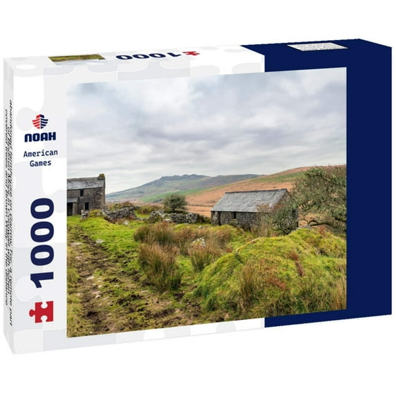 abandoned farmhouse on Garrow Tor, a remote part of Bodmin Moor in Cornwall with lichen-covered trees and Brown Willy in the distance 1000pc Puzzle