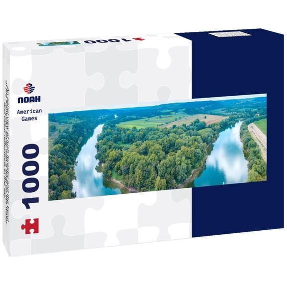 Noah Jigsaw Puzzle An aerial view of lush forestry and the bend of the Kentucky River with a boat on the water and cloud reflections in the sky panorama 1000 pieces