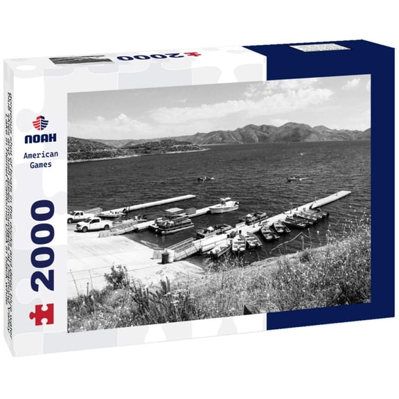 Noah Jigsaw Puzzle gorgeous shot of boats in the docks and deep blue water, blue skies and lush green mountains at Diamond Valley Lake in Hemet California USA in black white 2000 pieces