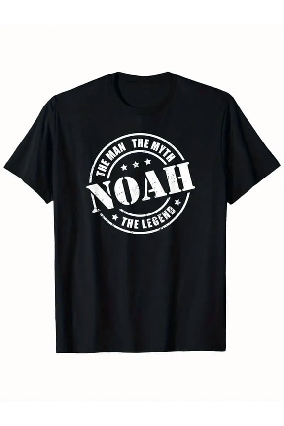 Noah the for Man the Myth the Legend T Shirt - Vintage-Inspired Black Cotton T-Shirt with White Graphic Print, Regular Fit Short Sleeve for Casual & Athletic Wear, All-Season