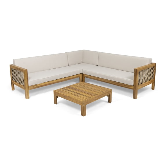 Noah Outdoor 5 Seater Wood and Wicker Sectional Sofa and Coffee Table Set, Teak, Beige