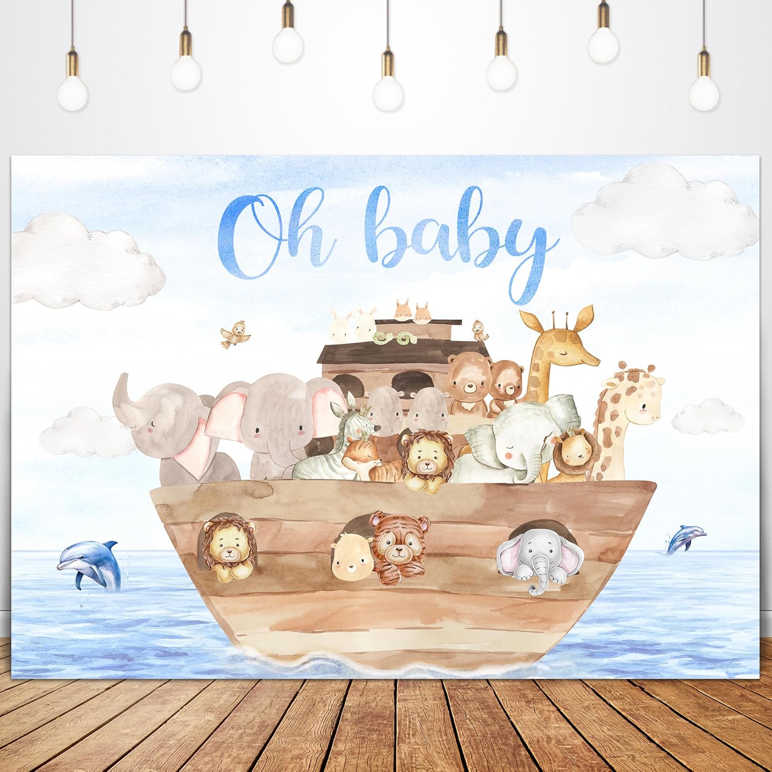Oh Baby! 10x10ft Watercolor Noah's Ark Photo Backdrop - Eucalyptus & Ocean Animals Baby Shower Decor