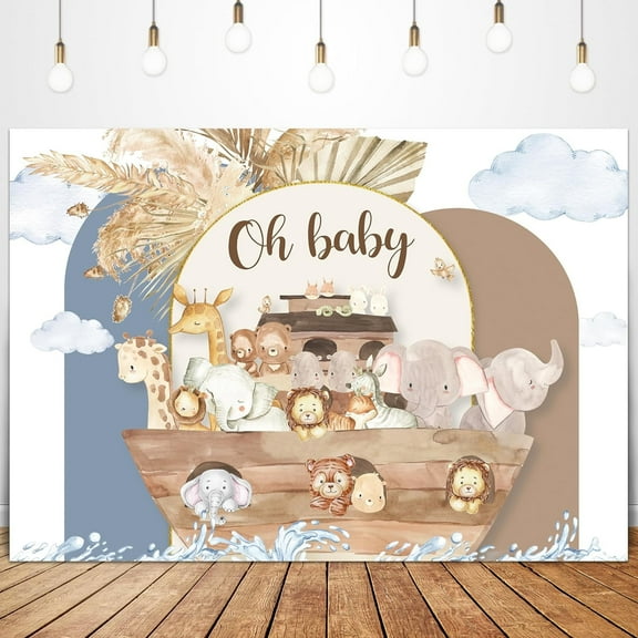 Noah's Ark Backdrop for Photography Oh Baby Boho Blue Pampas Flower Cartoon Woodland Animal Ocean Lovely Clouds Newborn Kid Party Decorations Photoshoot Background Photo Booth Studio