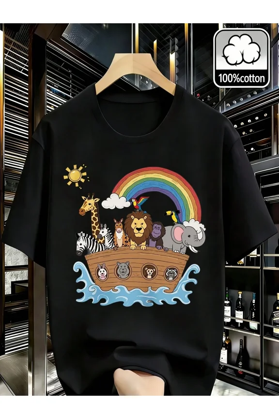Noah's Ark Cartoon Animals T-Shirt - 100% Multi-Color Crew Neck Tee, Fashion Retro Y2K Style Unisex Spring Summer New Streetwear Casual Versatile Top For Family Gatherings