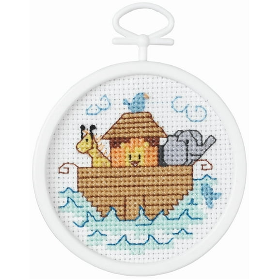 Noah's Ark Craft, Mini Cross Stitch Kit - Noah's Ark - 2.5in. Round - 18 Count Mesh - 1 Kit (nm211046)