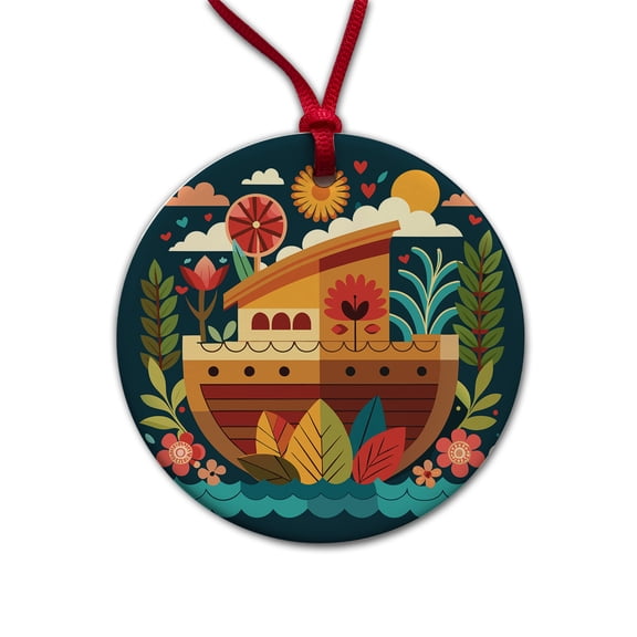 Noah's Ark Floral Bible Story Christmas Tree Holiday Round Ceramic Ornament