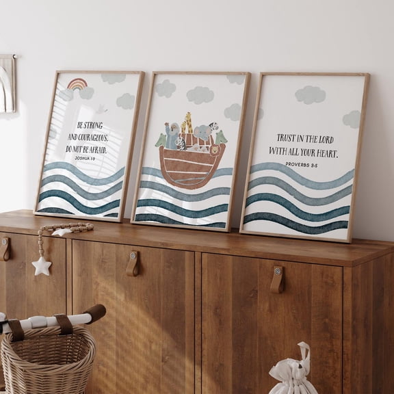 Noah's Ark Nursery Print Christian Bible Verse Wall Art Decor Set 3 Stretched Canvas 12x18