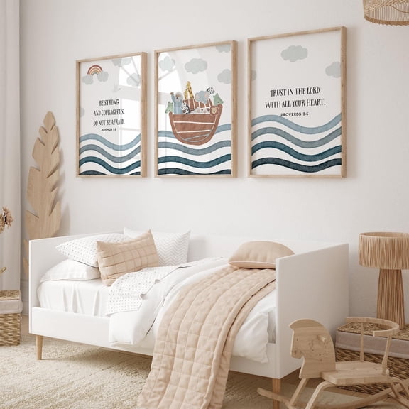Noah's Ark Nursery Print Christian Room Decor Religious Art Set 3 Stretched Canvas 8x12