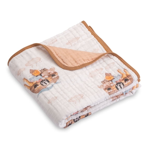LollyBanks Muslin Baby Quilt, 100% Cotton 6-Layer Lightweight Blanket, 47 x 47 inch,Noah's Ark